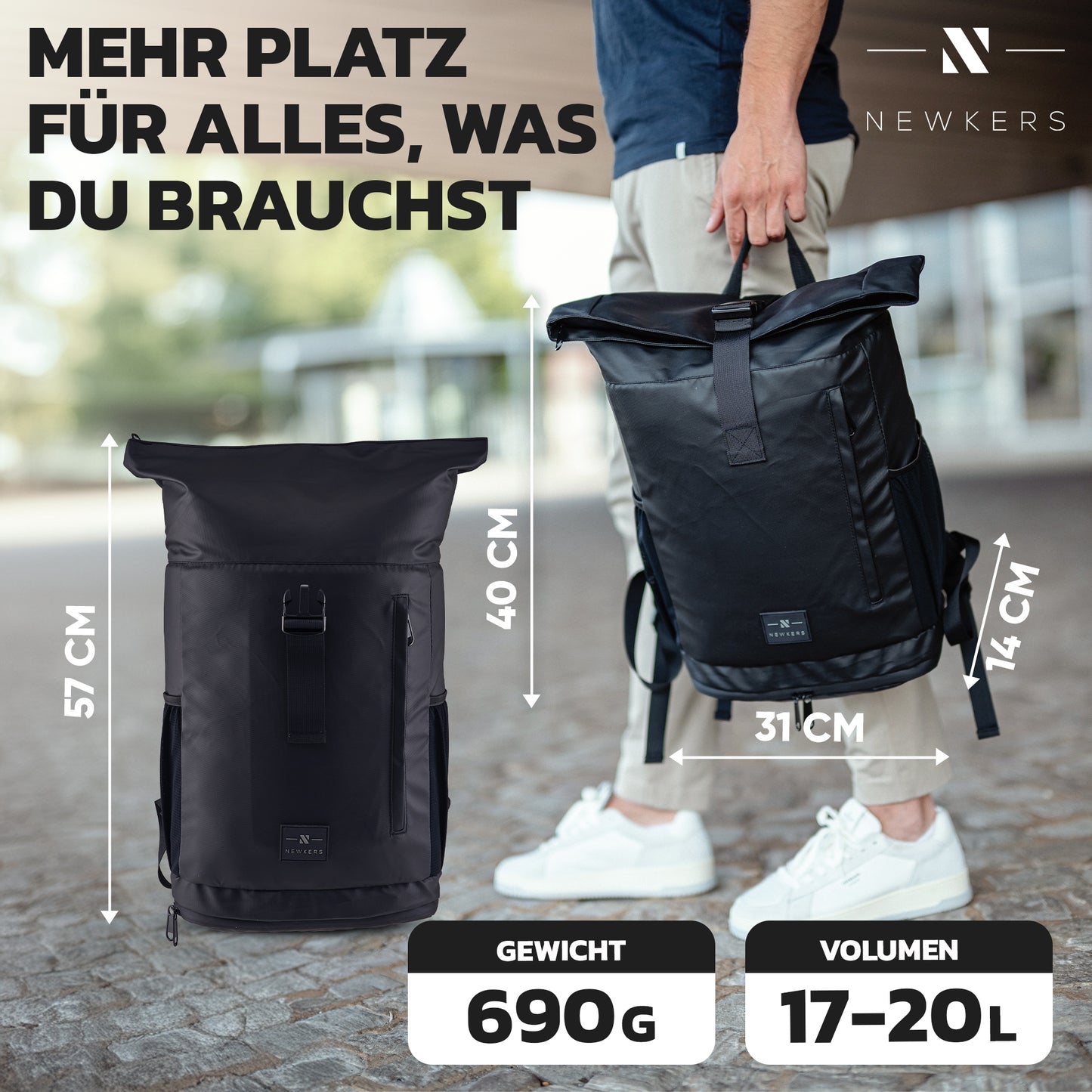 NEWKERS® Rolltop Rucksack 17-20L, Regenponcho, 100% wasserdicht, wetterfest - Perfekt für Uni, Schule, Freizeit - Stylisher Daypack für Damen & Herren – Moderner Backpack-Rollrucksack mit Laptopfach