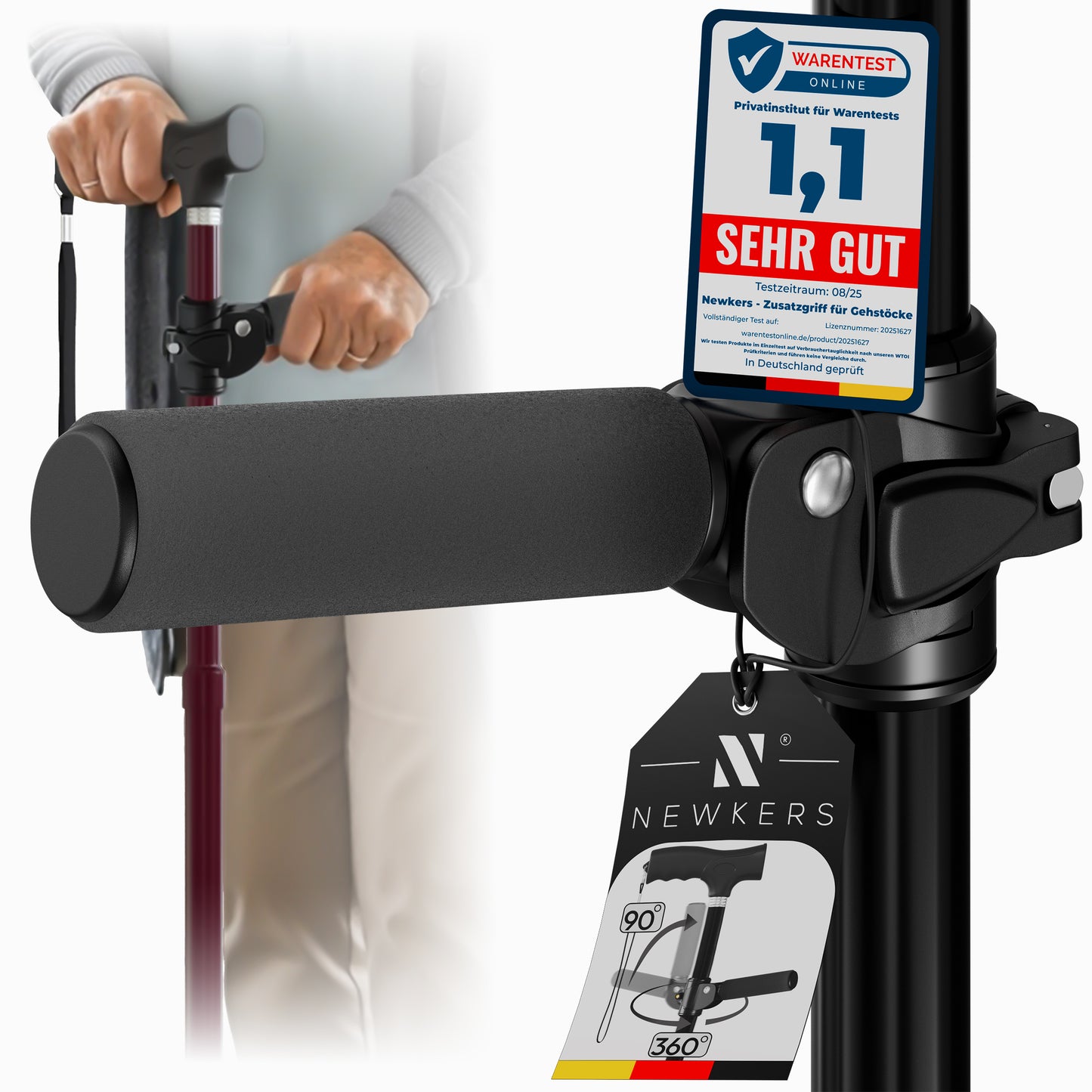 Newkers® [360°] - Gehstock Zusatzgriff Damen Herren Klappbarer Seitengriff für Gehstöcke Krücken Haltegriff für Wanderstöcke Krückenhalter Stockhalter Stützgriff rutschfest [Schwarz]