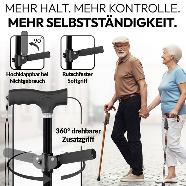 Newkers® [360°] - Gehstock Zusatzgriff Damen Herren Klappbarer Seitengriff für Gehstöcke Krücken Haltegriff für Wanderstöcke Krückenhalter Stockhalter Stützgriff rutschfest [Schwarz]