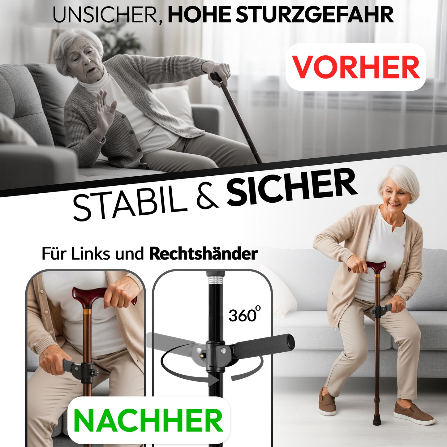Newkers® [360°] - Gehstock Zusatzgriff Damen Herren Klappbarer Seitengriff für Gehstöcke Krücken Haltegriff für Wanderstöcke Krückenhalter Stockhalter Stützgriff rutschfest [Schwarz]