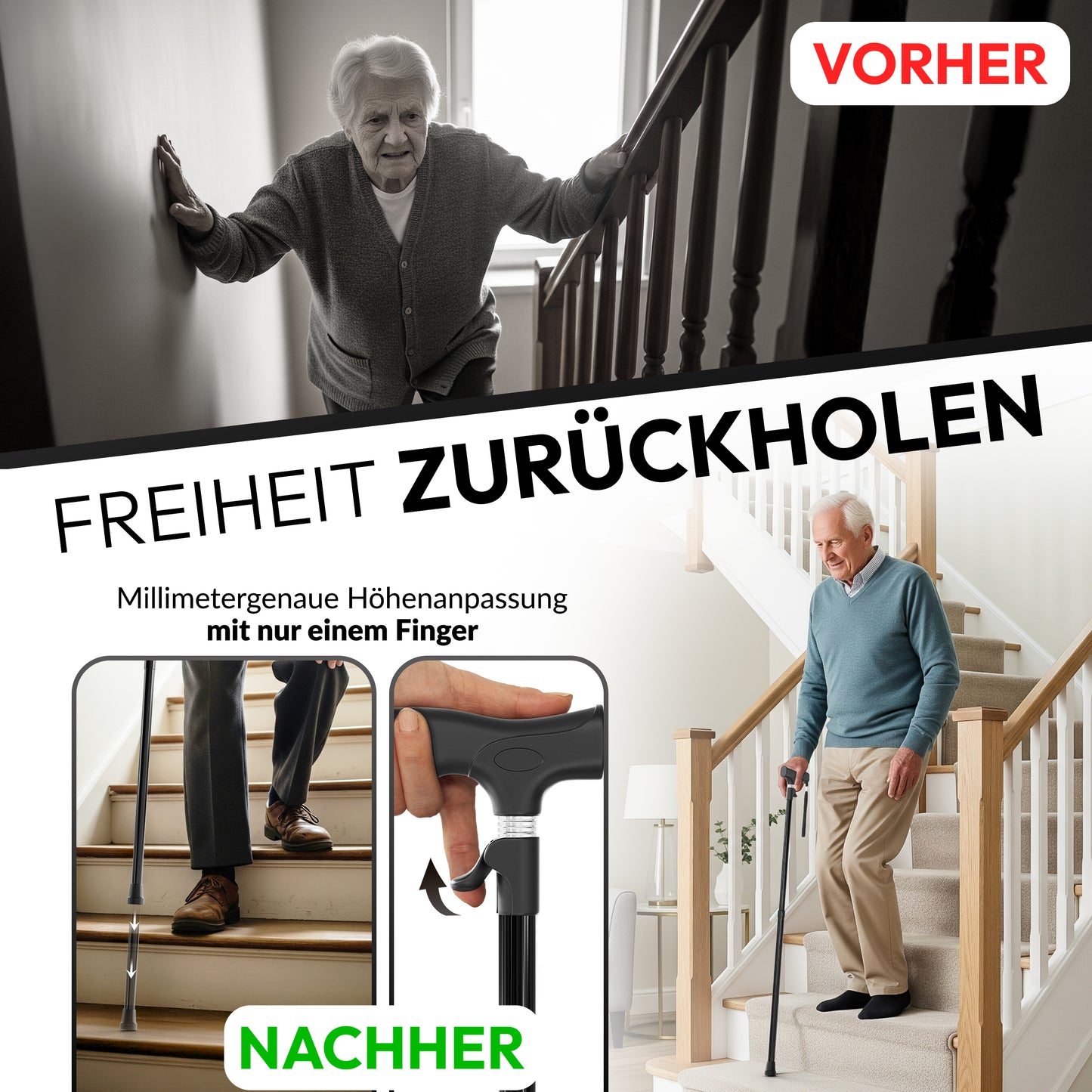 Newkers® [65-102 cm] Gehstock Damen Herren Senioren | Automatisch Höhenverstellbar mit klick-Mechanismus Wanderstöcke Gehhilfe Teleskop Walking Cane Gehstöcke Aufstehhilfe