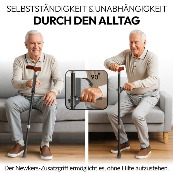 Newkers® [360°] - Gehstock Zusatzgriff Damen Herren Klappbarer Seitengriff für Gehstöcke Krücken Haltegriff für Wanderstöcke Krückenhalter Stockhalter Stützgriff rutschfest [Schwarz]
