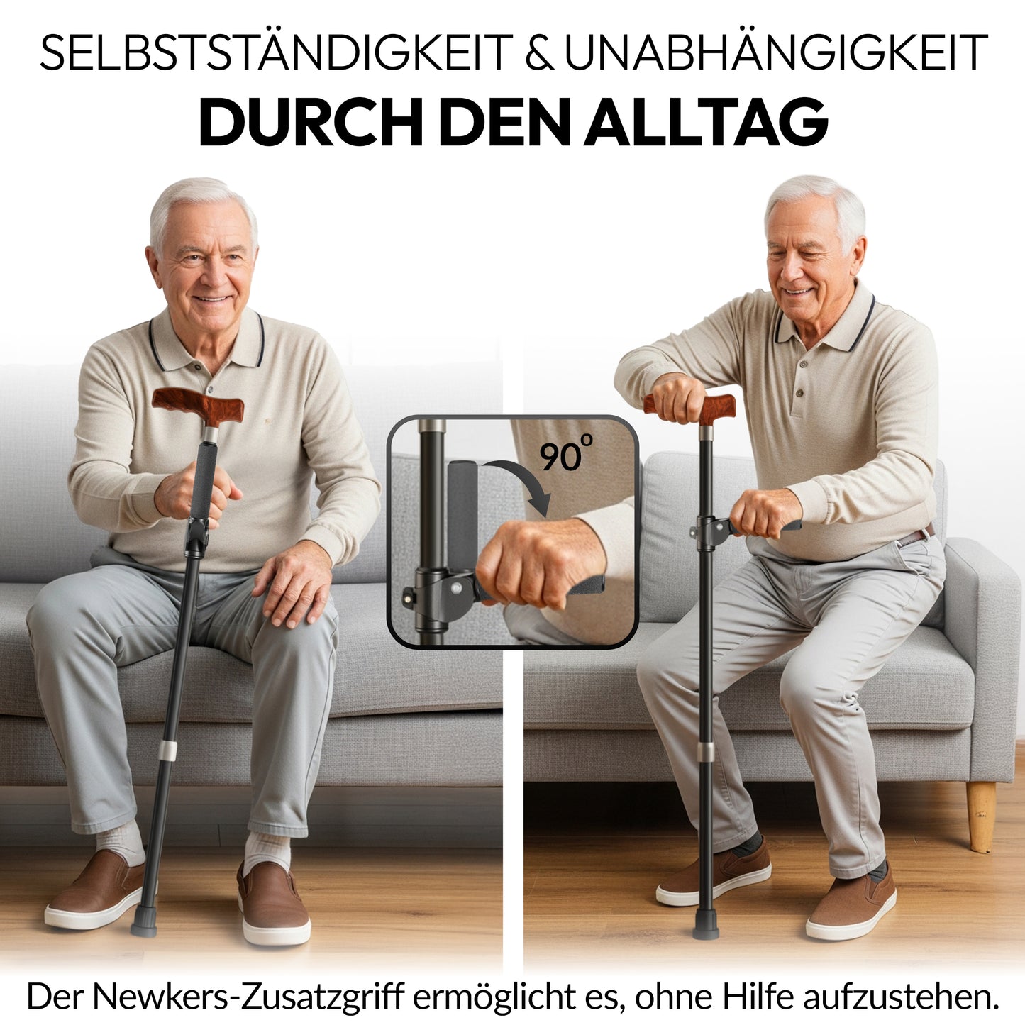 Newkers® [360°] - Gehstock Zusatzgriff Damen Herren Klappbarer Seitengriff für Gehstöcke Krücken Haltegriff für Wanderstöcke Krückenhalter Stockhalter Stützgriff rutschfest [Schwarz]