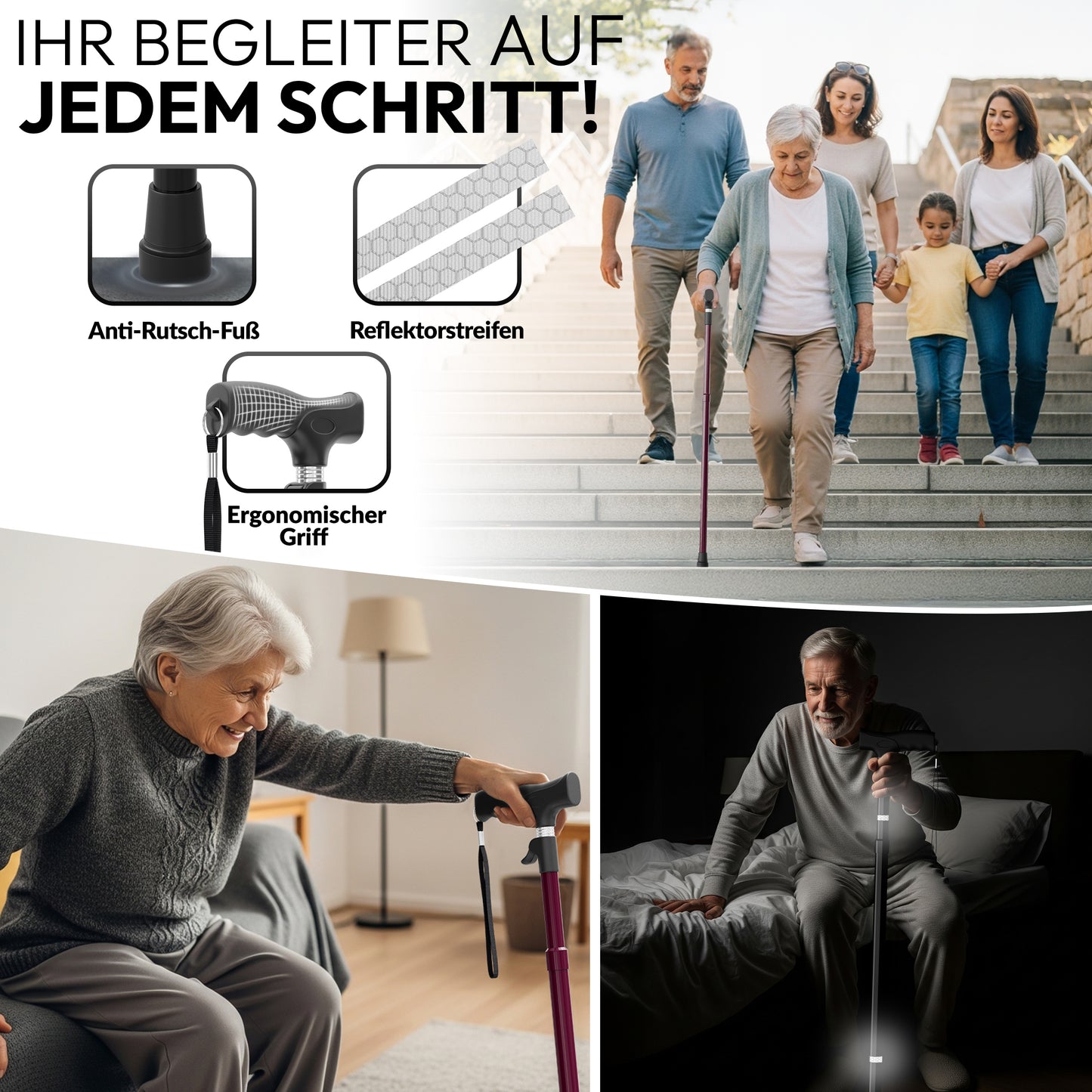 Newkers® [65-102 cm] Gehstock Damen Herren Senioren | Automatisch Höhenverstellbar mit klick-Mechanismus Wanderstöcke Gehhilfe Teleskop Walking Cane Gehstöcke Aufstehhilfe