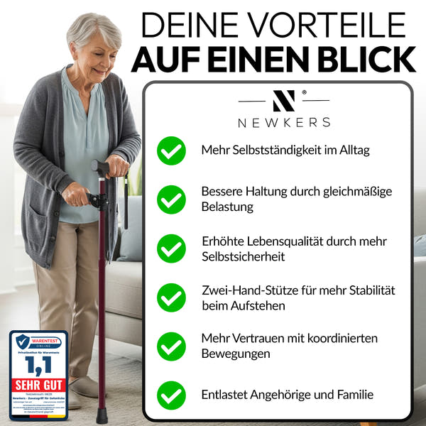 Newkers® [360°] - Gehstock Zusatzgriff Damen Herren Klappbarer Seitengriff für Gehstöcke Krücken Haltegriff für Wanderstöcke Krückenhalter Stockhalter Stützgriff rutschfest [Schwarz]