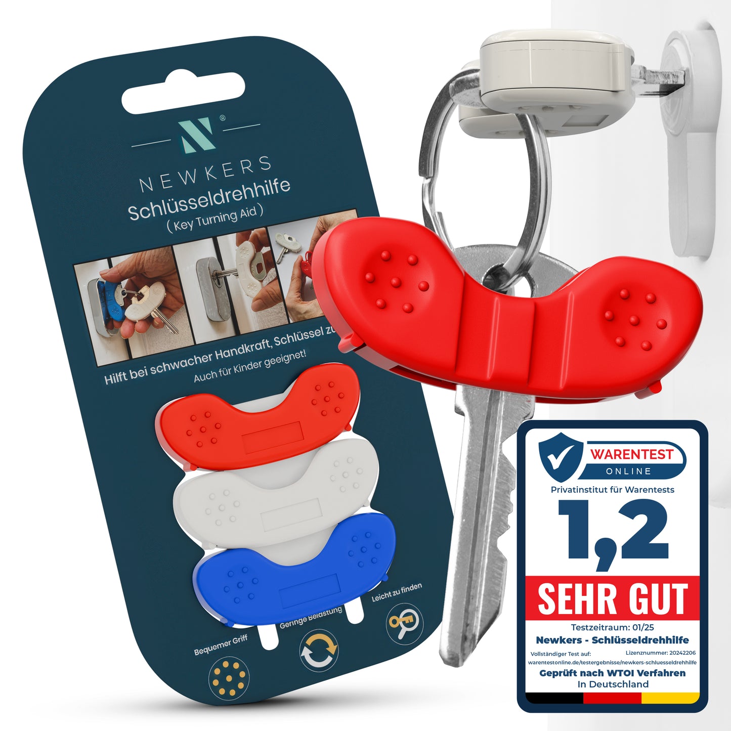 NEWKERS® Schlüsseldrehhilfe [3er] – Ergonomische Schlüsselhilfe für Senioren | Menschen mit eingeschränkter Mobilität | Geschenk für Frauen Männer Schlüsselanhänger Schlüsselbrett Schlüsselkasten