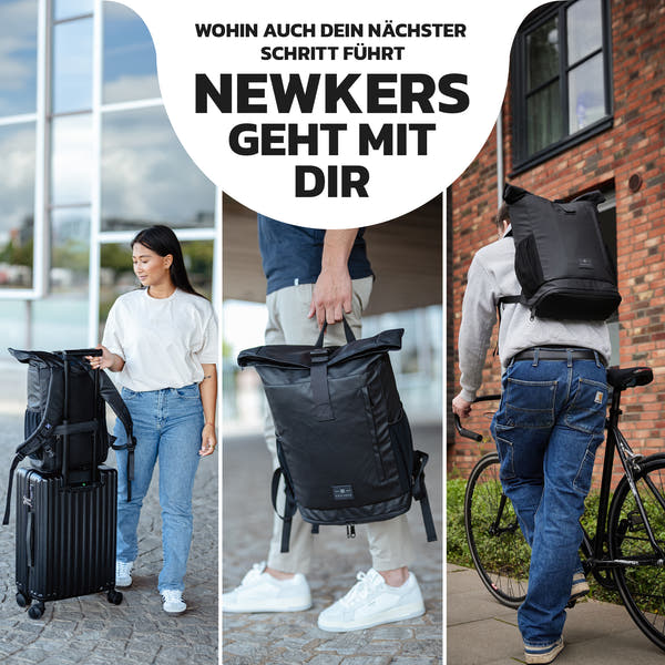 NEWKERS® Rolltop Rucksack 17-20L, Regenponcho, 100% wasserdicht, wetterfest - Perfekt für Uni, Schule, Freizeit - Stylisher Daypack für Damen & Herren – Moderner Backpack-Rollrucksack mit Laptopfach