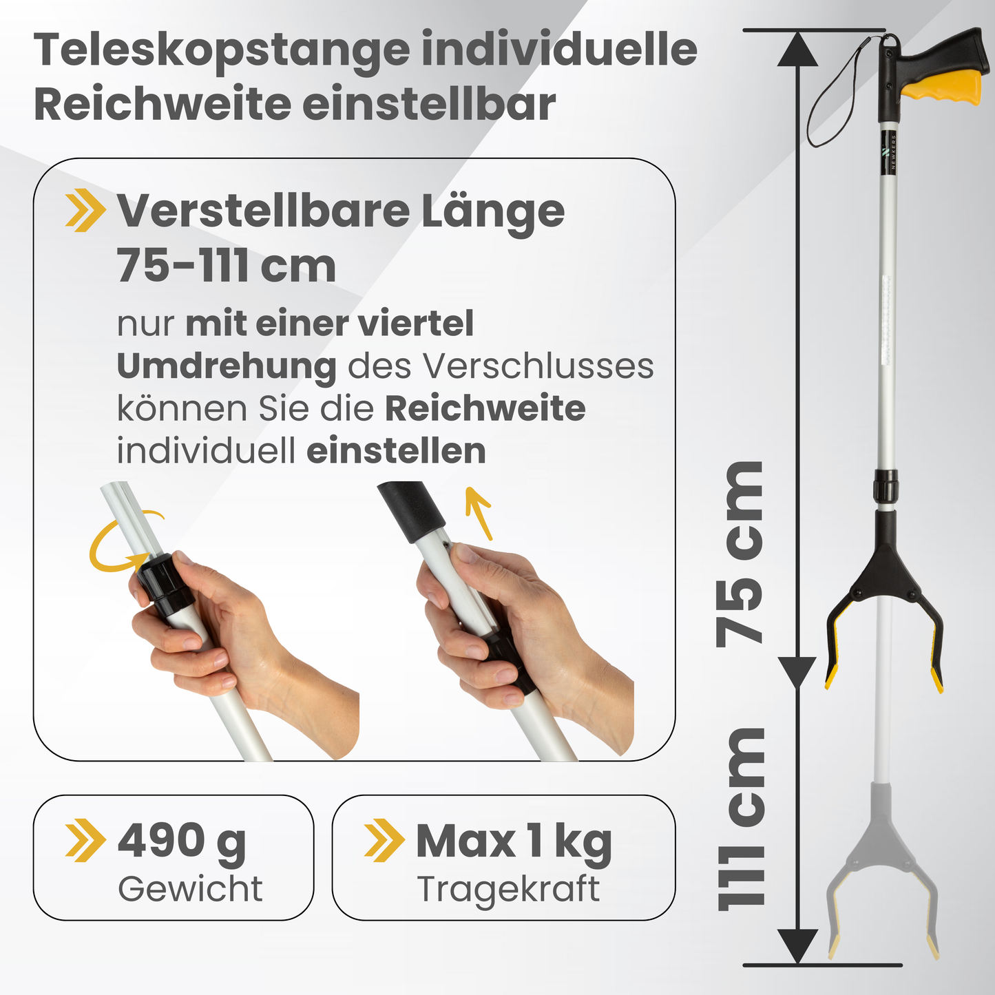NEWKERS® Greifzange für Senioren 75-111cm, Greifer mit Aluminium Teleskop Stange für individuelle Einstellung und starkem Griff mit 360° Drehkopf, Ergonomischer Reacher für Senioren mit Magnet-Greif