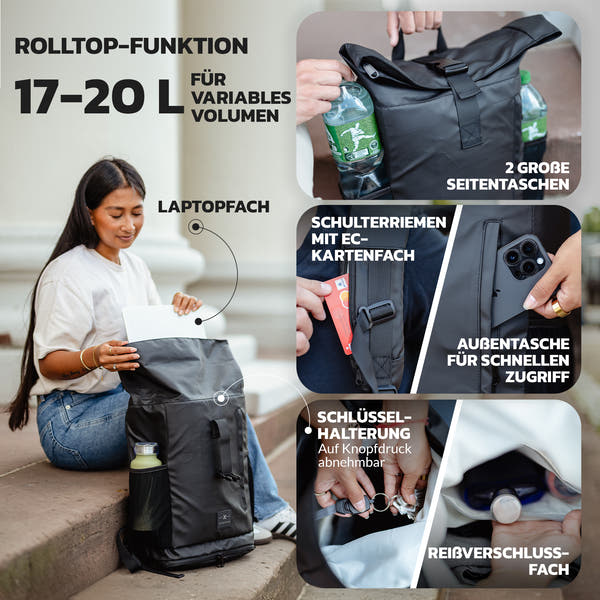 NEWKERS® Rolltop Rucksack 17-20L, Regenponcho, 100% wasserdicht, wetterfest - Perfekt für Uni, Schule, Freizeit - Stylisher Daypack für Damen & Herren – Moderner Backpack-Rollrucksack mit Laptopfach
