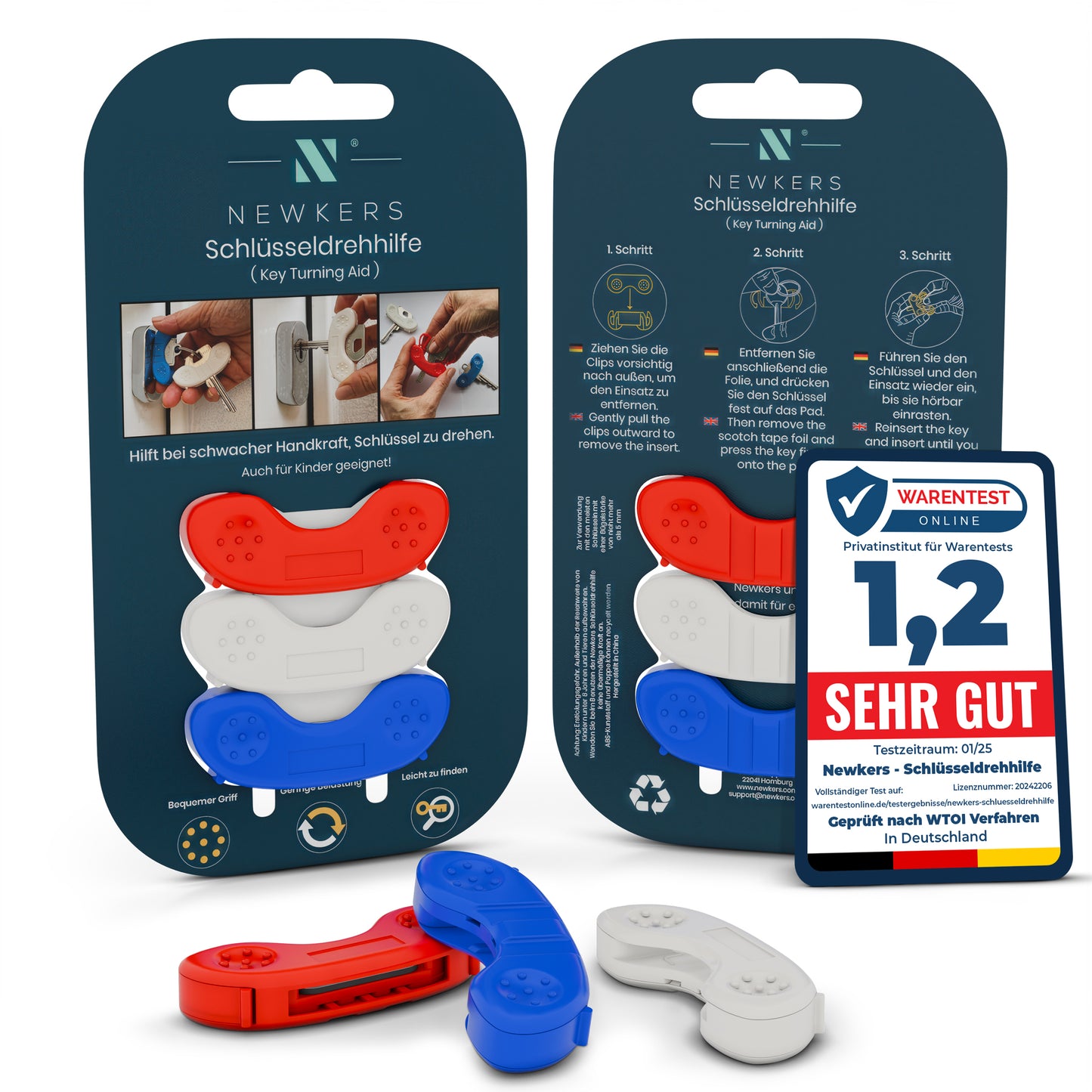 NEWKERS® Schlüsseldrehhilfe [3er] – Ergonomische Schlüsselhilfe für Senioren | Menschen mit eingeschränkter Mobilität | Geschenk für Frauen Männer Schlüsselanhänger Schlüsselbrett Schlüsselkasten