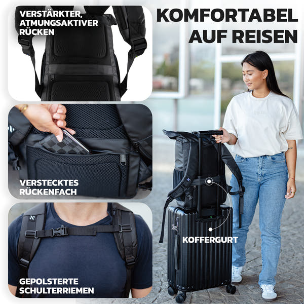 NEWKERS® Rolltop Rucksack 17-20L, Regenponcho, 100% wasserdicht, wetterfest - Perfekt für Uni, Schule, Freizeit - Stylisher Daypack für Damen & Herren – Moderner Backpack-Rollrucksack mit Laptopfach