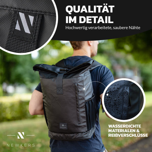 NEWKERS® Rolltop Rucksack 17-20L, Regenponcho, 100% wasserdicht, wetterfest - Perfekt für Uni, Schule, Freizeit - Stylisher Daypack für Damen & Herren – Moderner Backpack-Rollrucksack mit Laptopfach