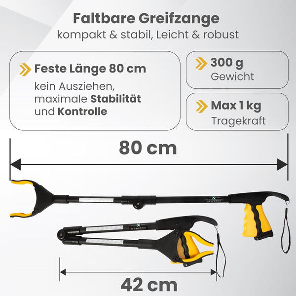 Newkers® - Greifzange für Senioren [80 cm] Faltbare Müllzange aus Aluminium mit 360° Drehkopf Magnet | Schuhlöffel lang | Schuhanzieher für Damen Herren | rutschfeste Silikongreifer (Gelb Schwarz)