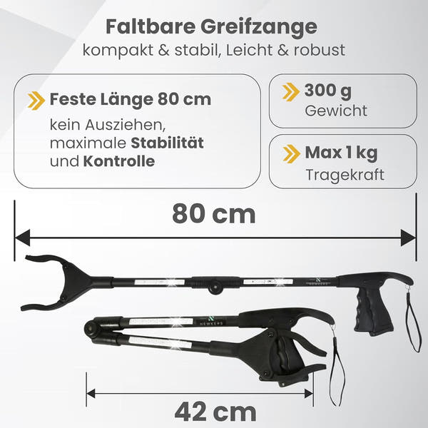 Newkers® - Greifzange für Senioren [80 cm] Faltbare Müllzange aus Aluminium mit 360° Drehkopf Magnet | Schuhlöffel lang | Schuhanzieher für Damen Herren | rutschfeste Silikongreifer (Schwarz Schwarz)