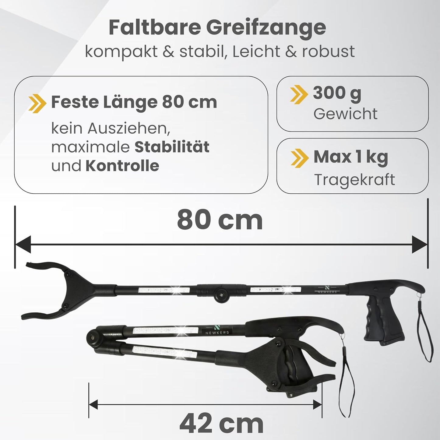 Newkers® - Greifzange für Senioren [80 cm] Faltbare Müllzange aus Aluminium mit 360° Drehkopf Magnet | Schuhlöffel lang | Schuhanzieher für Damen Herren | rutschfeste Silikongreifer (Schwarz Schwarz)
