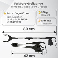 Newkers® - Greifzange für Senioren [80 cm] Faltbare Müllzange aus Aluminium mit 360° Drehkopf Magnet | Schuhlöffel lang | Schuhanzieher für Damen Herren | rutschfeste Silikongreifer (Schwarz Schwarz)
