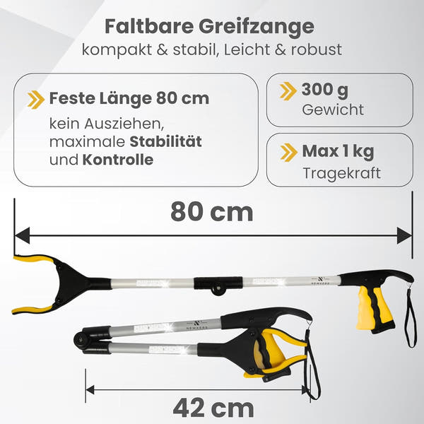 Newkers® - Greifzange für Senioren [80 cm] Faltbare Müllzange aus Aluminium mit 360° Drehkopf Magnet | Schuhlöffel lang | Schuhanzieher für Damen Herren | rutschfeste Silikongreifer (Gelb Silber)