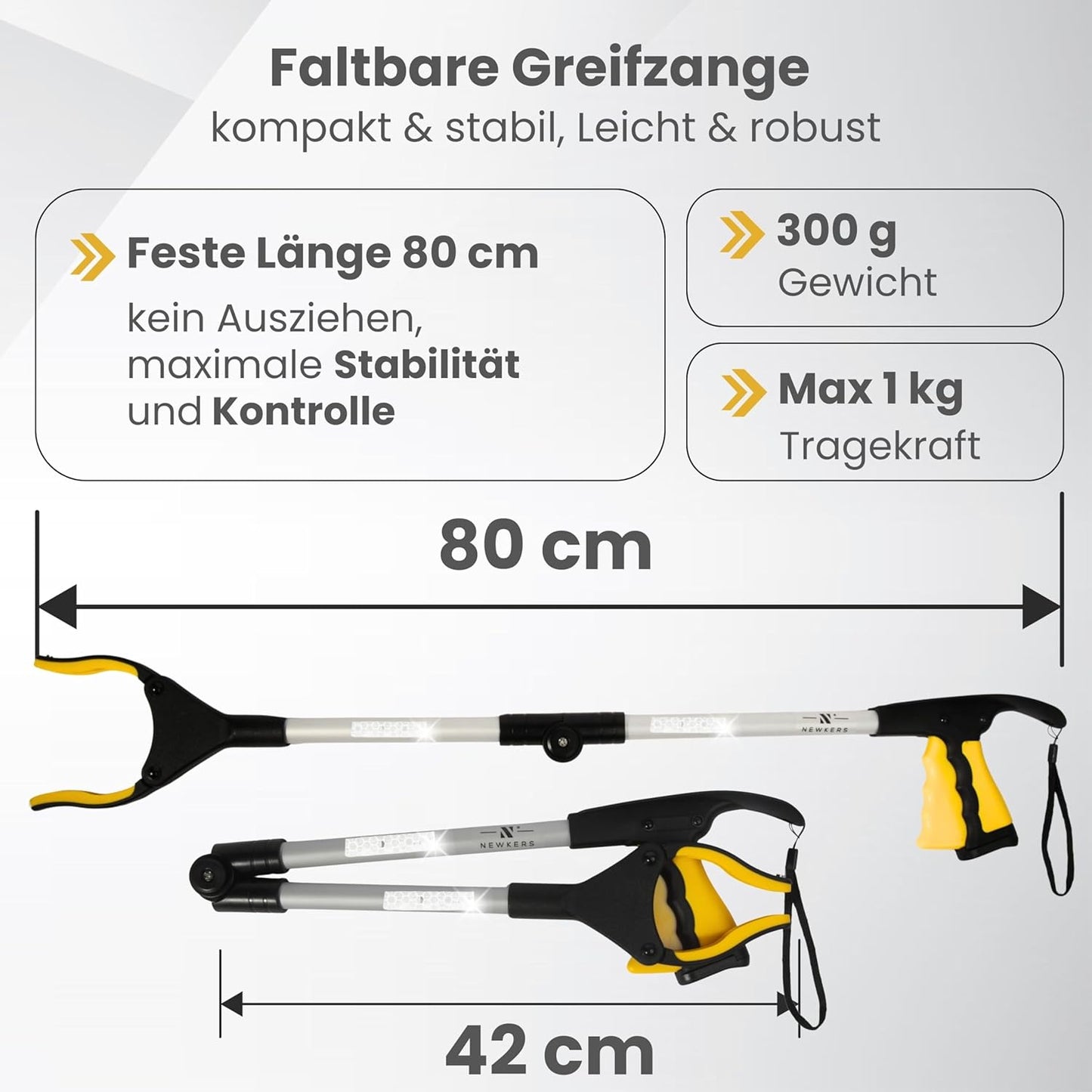 Newkers® - Greifzange für Senioren [80 cm] Faltbare Müllzange aus Aluminium mit 360° Drehkopf Magnet | Schuhlöffel lang | Schuhanzieher für Damen Herren | rutschfeste Silikongreifer (Gelb Silber)