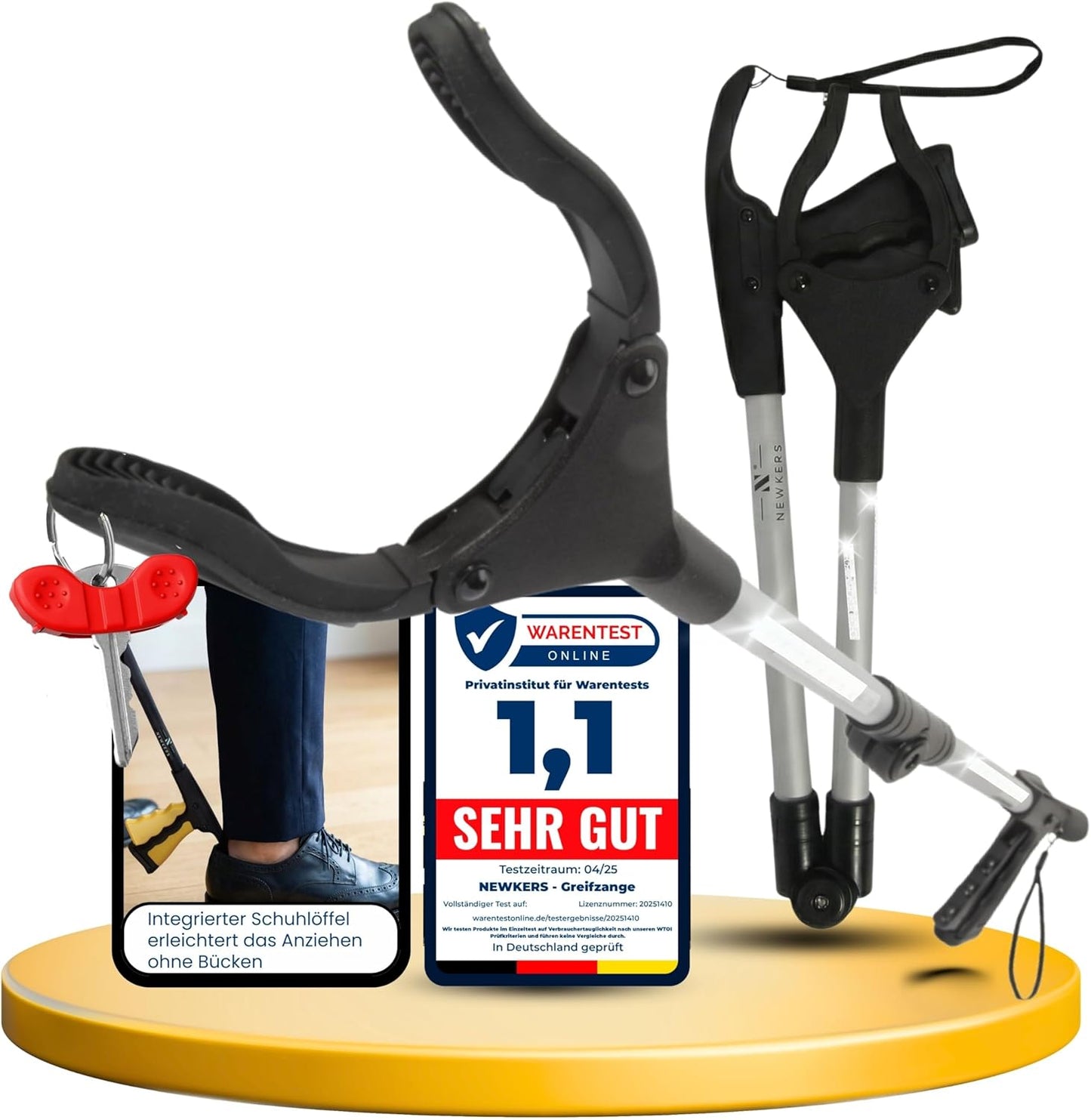 Newkers® - Greifzange für Senioren [80 cm] Faltbare Müllzange aus Aluminium mit 360° Drehkopf Magnet | Schuhlöffel lang | Schuhanzieher für Damen Herren | rutschfeste Silikongreifer (Schwarz Silber)