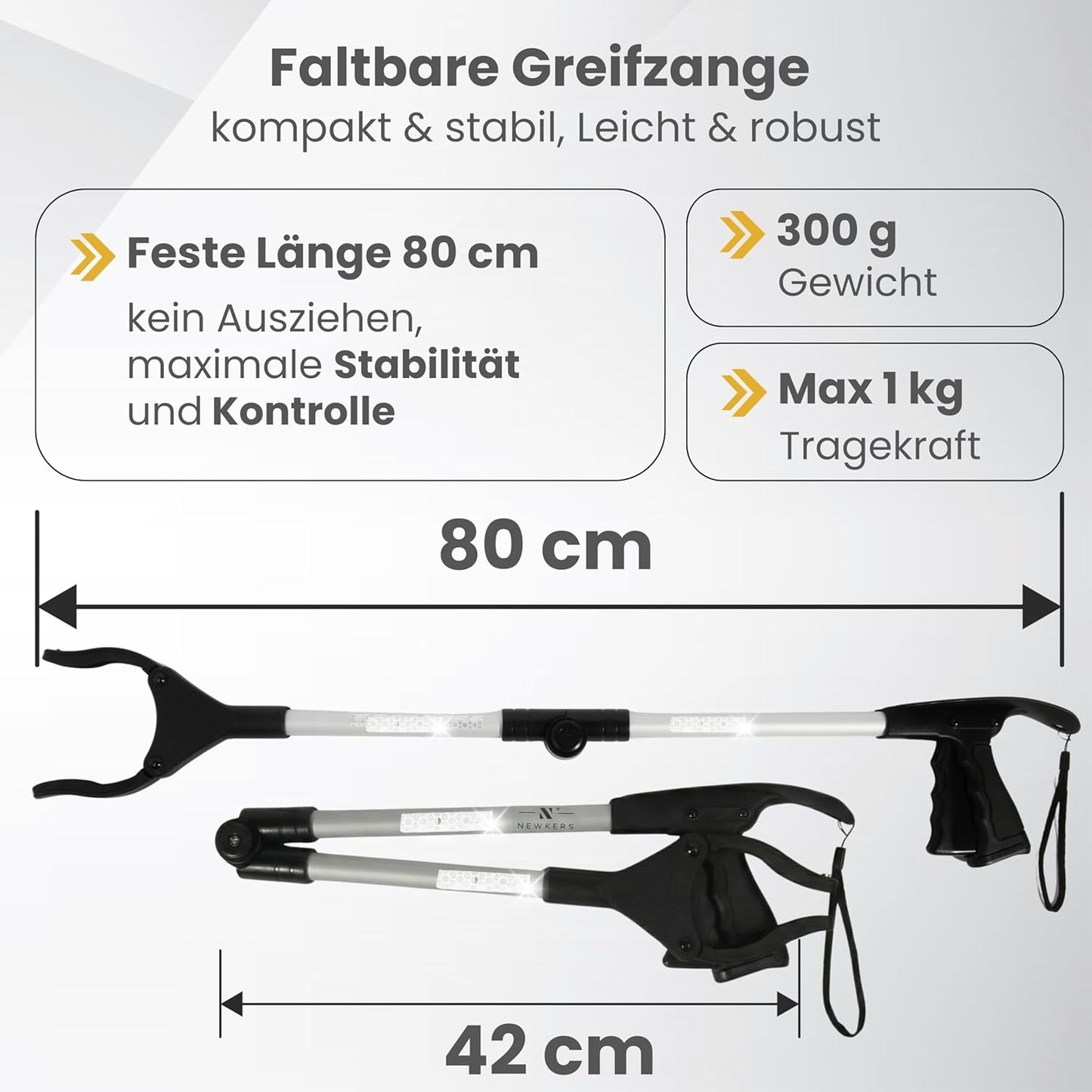 Newkers® - Greifzange für Senioren [80 cm] Faltbare Müllzange aus Aluminium mit 360° Drehkopf Magnet | Schuhlöffel lang | Schuhanzieher für Damen Herren | rutschfeste Silikongreifer (Schwarz Silber)