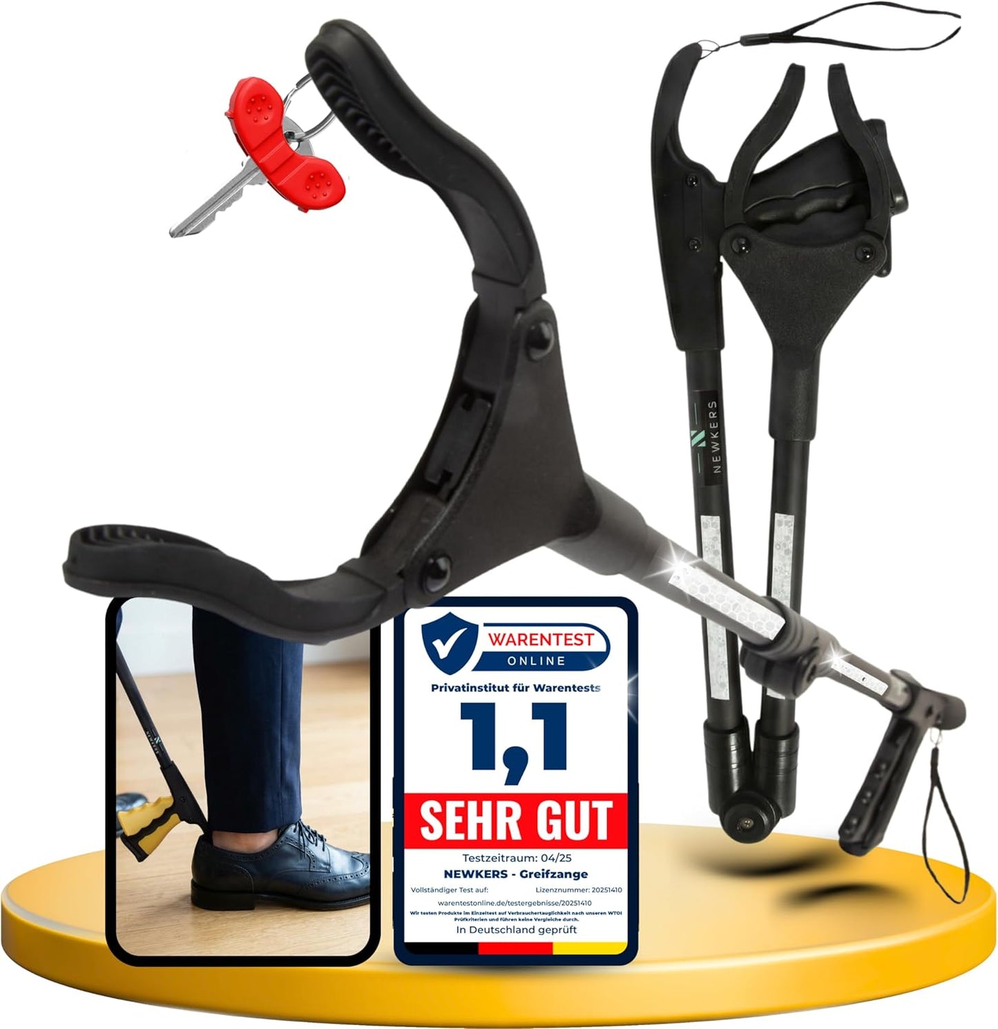 Newkers® - Greifzange für Senioren [80 cm] Faltbare Müllzange aus Aluminium mit 360° Drehkopf Magnet | Schuhlöffel lang | Schuhanzieher für Damen Herren | rutschfeste Silikongreifer (Schwarz Schwarz)