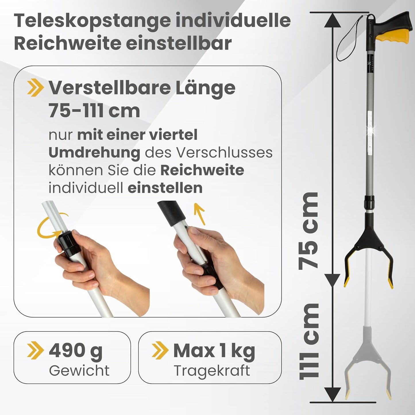 NEWKERS® Greifzange für Senioren 75-111cm, Greifer mit Aluminium Teleskop Stange für individuelle Einstellung und starkem Griff mit 360° Drehkopf, Ergonomischer Reacher für Senioren mit Magnet-Greif