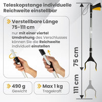 NEWKERS® Greifzange für Senioren 75-111cm, Greifer mit Aluminium Teleskop Stange für individuelle Einstellung und starkem Griff mit 360° Drehkopf, Ergonomischer Reacher für Senioren mit Magnet-Greif