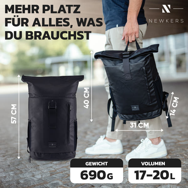 NEWKERS® Rolltop Rucksack 17-20L, Regenponcho, 100% wasserdicht, wetterfest - Perfekt für Uni, Schule, Freizeit - Stylisher Daypack für Damen & Herren – Moderner Backpack-Rollrucksack mit Laptopfach