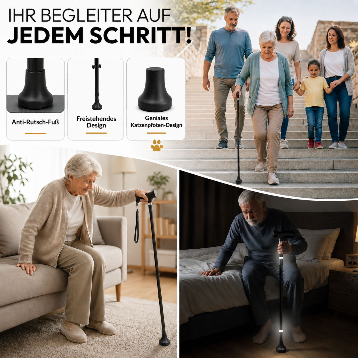 Gehstock Gummifuß mit Pfotenmotiv