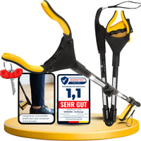 Newkers® - Greifzange für Senioren [80 cm] Faltbare Müllzange aus Aluminium mit 360° Drehkopf Magnet | Schuhlöffel lang | Schuhanzieher für Damen Herren | rutschfeste Silikongreifer (Gelb Schwarz)