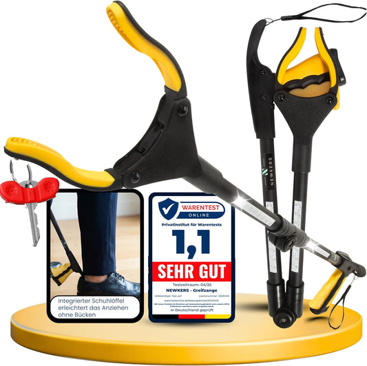 Newkers® - Greifzange für Senioren [80 cm] Faltbare Müllzange aus Aluminium mit 360° Drehkopf Magnet | Schuhlöffel lang | Schuhanzieher für Damen Herren | rutschfeste Silikongreifer (Gelb Schwarz)