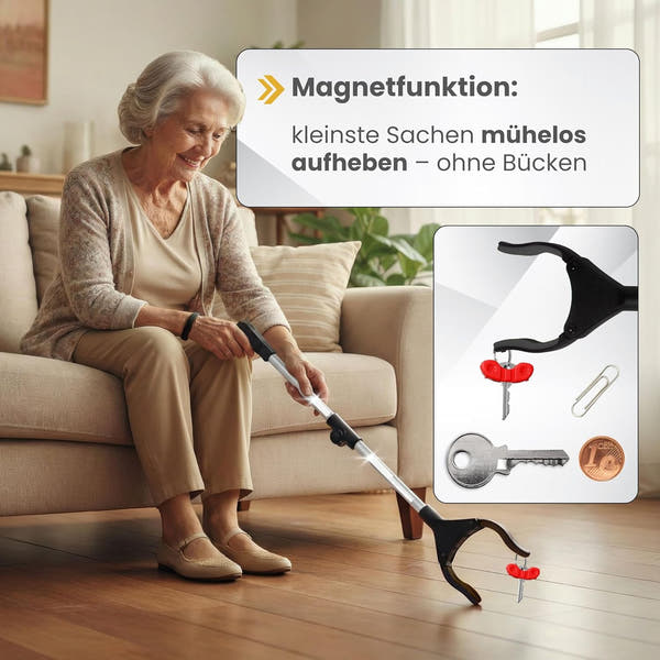Newkers® - Greifzange für Senioren [80 cm] Faltbare Müllzange aus Aluminium mit 360° Drehkopf Magnet | Schuhlöffel lang | Schuhanzieher für Damen Herren | rutschfeste Silikongreifer (Schwarz Silber)