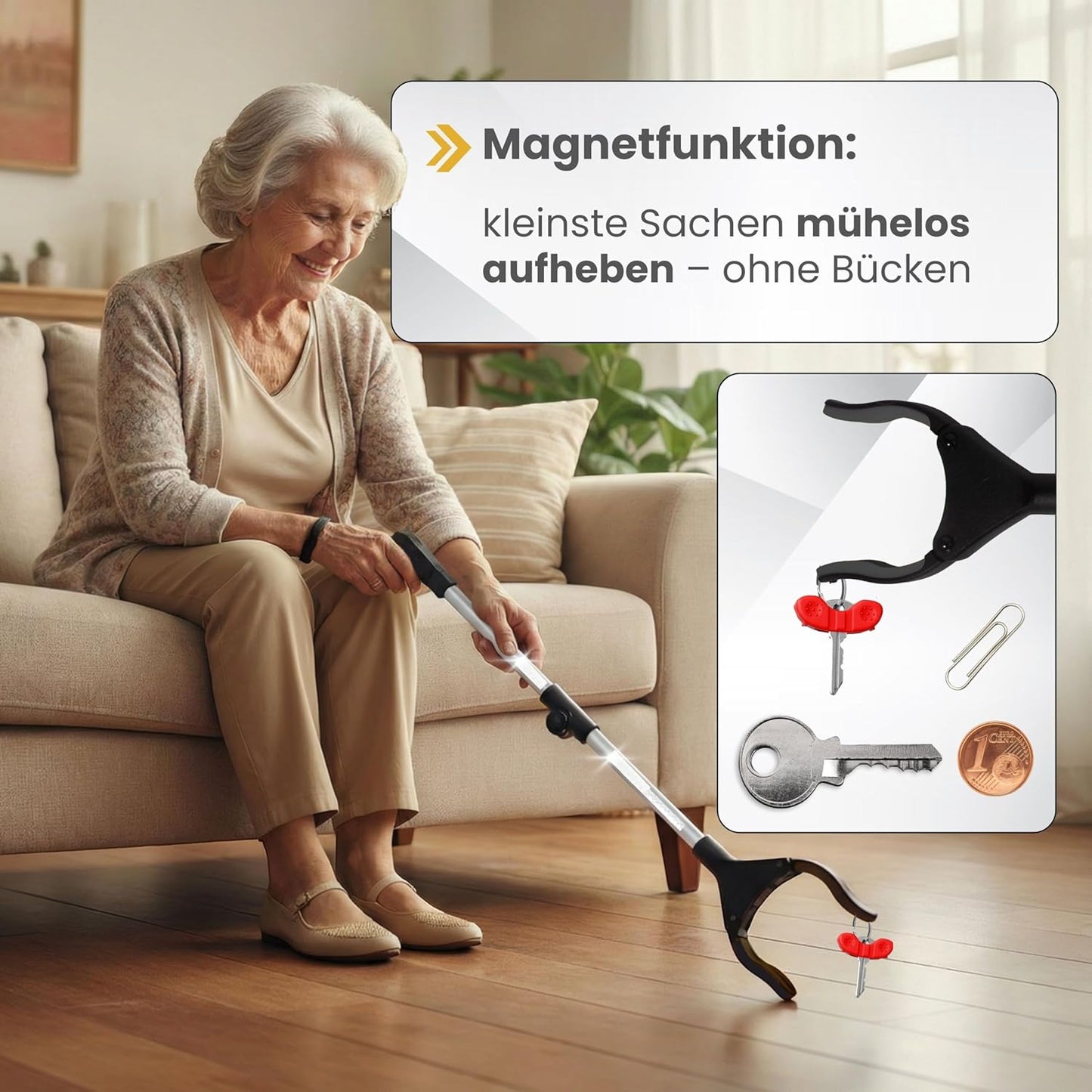 Newkers® - Greifzange für Senioren [80 cm] Faltbare Müllzange aus Aluminium mit 360° Drehkopf Magnet | Schuhlöffel lang | Schuhanzieher für Damen Herren | rutschfeste Silikongreifer (Schwarz Silber)