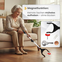 Newkers® - Greifzange für Senioren [80 cm] Faltbare Müllzange aus Aluminium mit 360° Drehkopf Magnet | Schuhlöffel lang | Schuhanzieher für Damen Herren | rutschfeste Silikongreifer (Schwarz Silber)