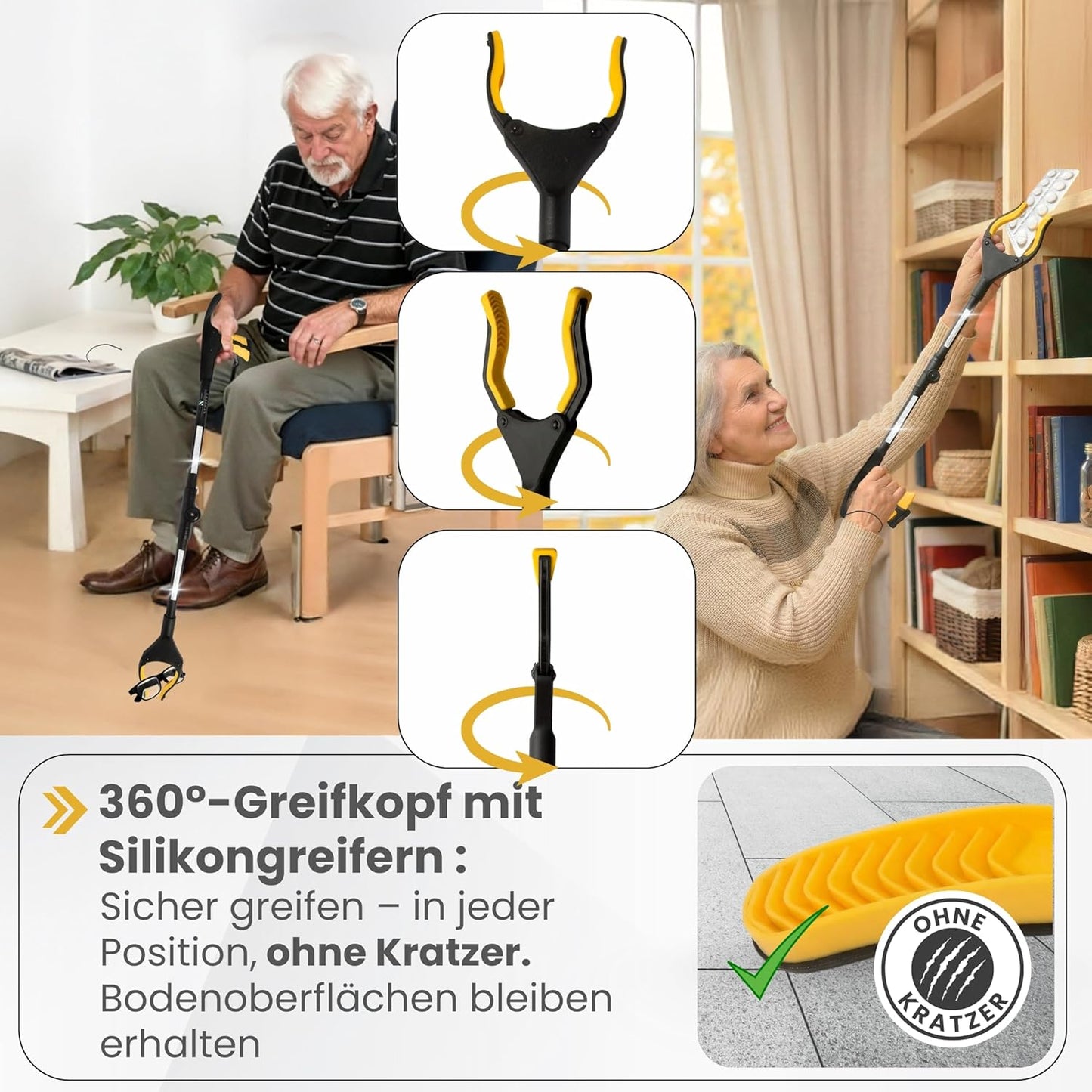 Newkers® - Greifzange für Senioren [80 cm] Faltbare Müllzange aus Aluminium mit 360° Drehkopf Magnet | Schuhlöffel lang | Schuhanzieher für Damen Herren | rutschfeste Silikongreifer (Gelb Schwarz)