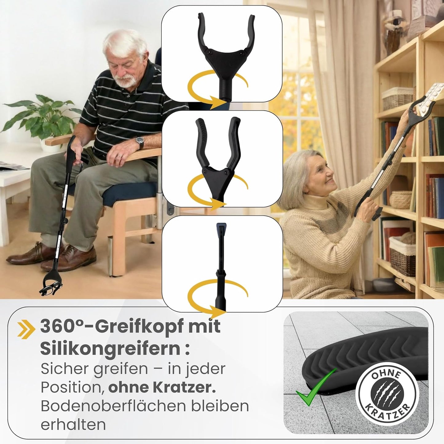 Newkers® - Greifzange für Senioren [80 cm] Faltbare Müllzange aus Aluminium mit 360° Drehkopf Magnet | Schuhlöffel lang | Schuhanzieher für Damen Herren | rutschfeste Silikongreifer (Schwarz Schwarz)