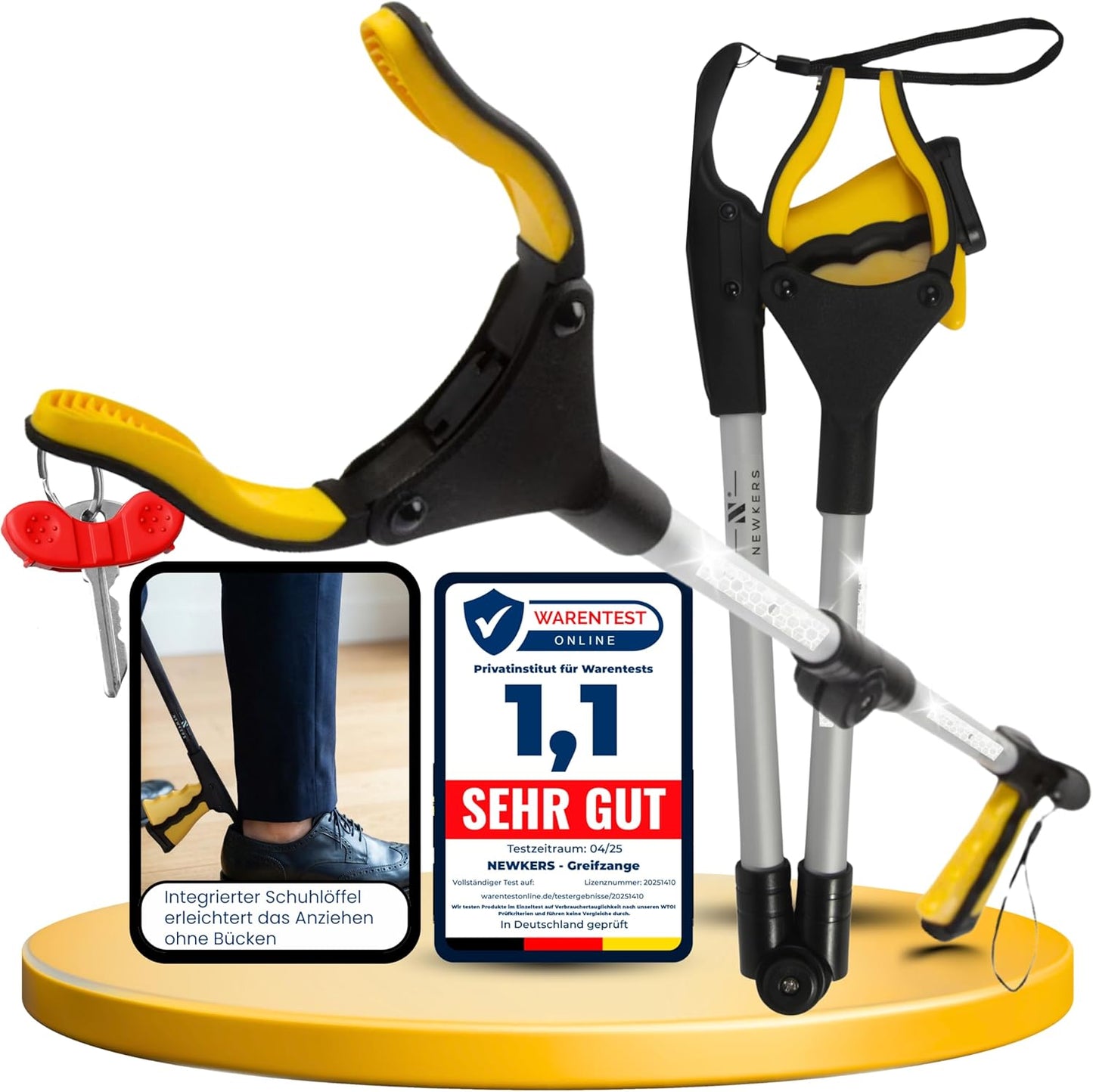 Newkers® - Greifzange für Senioren [80 cm] Faltbare Müllzange aus Aluminium mit 360° Drehkopf Magnet | Schuhlöffel lang | Schuhanzieher für Damen Herren | rutschfeste Silikongreifer (Gelb Silber)