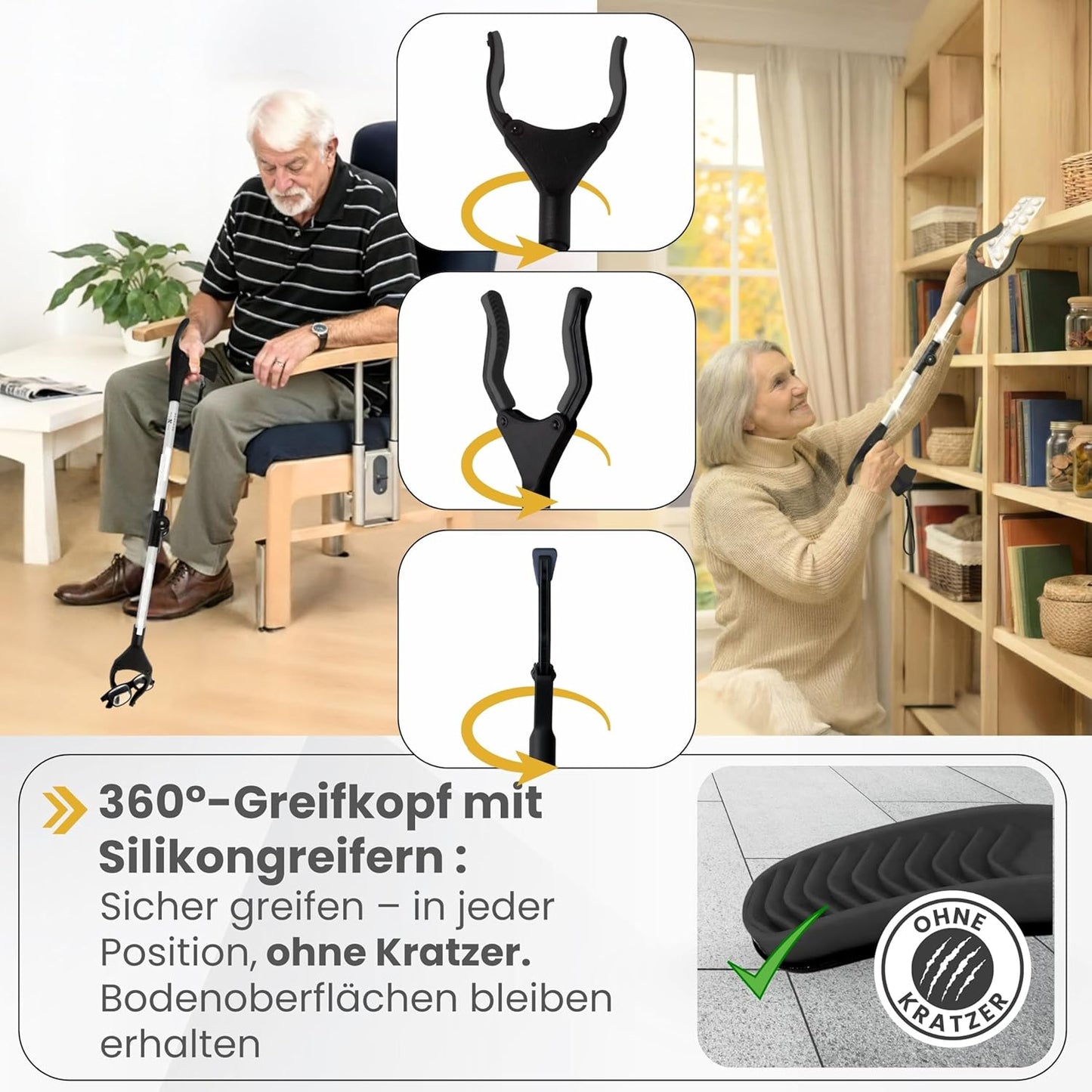 Newkers® - Greifzange für Senioren [80 cm] Faltbare Müllzange aus Aluminium mit 360° Drehkopf Magnet | Schuhlöffel lang | Schuhanzieher für Damen Herren | rutschfeste Silikongreifer (Schwarz Silber)