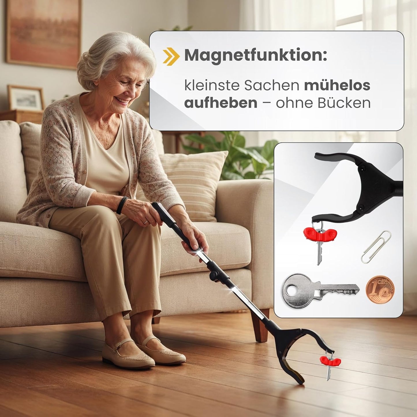 Newkers® - Greifzange für Senioren [80 cm] Faltbare Müllzange aus Aluminium mit 360° Drehkopf Magnet | Schuhlöffel lang | Schuhanzieher für Damen Herren | rutschfeste Silikongreifer (Schwarz Schwarz)