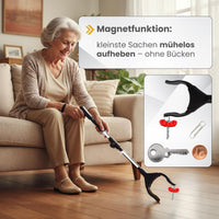 Newkers® - Greifzange für Senioren [80 cm] Faltbare Müllzange aus Aluminium mit 360° Drehkopf Magnet | Schuhlöffel lang | Schuhanzieher für Damen Herren | rutschfeste Silikongreifer (Schwarz Schwarz)