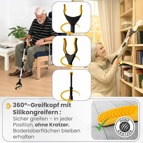 Newkers® - Greifzange für Senioren [80 cm] Faltbare Müllzange aus Aluminium mit 360° Drehkopf Magnet | Schuhlöffel lang | Schuhanzieher für Damen Herren | rutschfeste Silikongreifer (Gelb Silber)