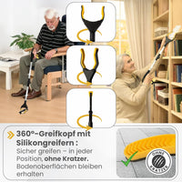 Newkers® - Greifzange für Senioren [80 cm] Faltbare Müllzange aus Aluminium mit 360° Drehkopf Magnet | Schuhlöffel lang | Schuhanzieher für Damen Herren | rutschfeste Silikongreifer (Gelb Silber)