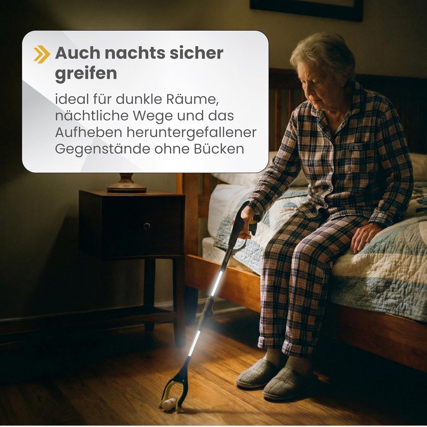 Newkers® - Greifzange für Senioren [80 cm] Faltbare Müllzange aus Aluminium mit 360° Drehkopf Magnet | Schuhlöffel lang | Schuhanzieher für Damen Herren | rutschfeste Silikongreifer (Gelb Schwarz)