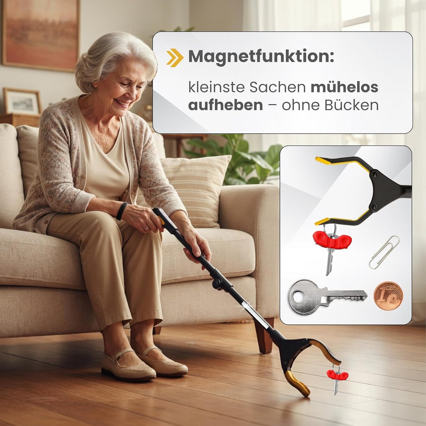 Newkers® - Greifzange für Senioren [80 cm] Faltbare Müllzange aus Aluminium mit 360° Drehkopf Magnet | Schuhlöffel lang | Schuhanzieher für Damen Herren | rutschfeste Silikongreifer (Gelb Schwarz)