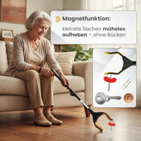 Newkers® - Greifzange für Senioren [80 cm] Faltbare Müllzange aus Aluminium mit 360° Drehkopf Magnet | Schuhlöffel lang | Schuhanzieher für Damen Herren | rutschfeste Silikongreifer (Gelb Schwarz)