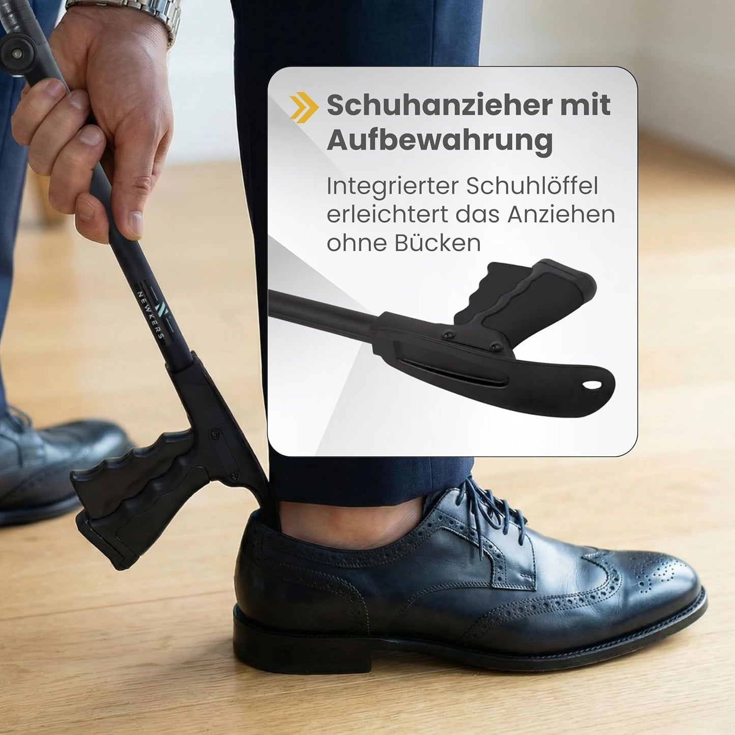 Newkers® - Greifzange für Senioren [80 cm] Faltbare Müllzange aus Aluminium mit 360° Drehkopf Magnet | Schuhlöffel lang | Schuhanzieher für Damen Herren | rutschfeste Silikongreifer (Schwarz Schwarz)