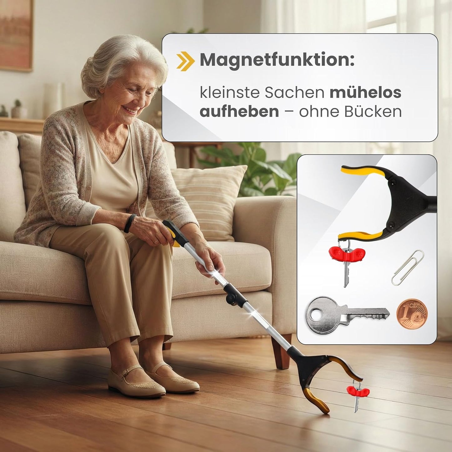 Newkers® - Greifzange für Senioren [80 cm] Faltbare Müllzange aus Aluminium mit 360° Drehkopf Magnet | Schuhlöffel lang | Schuhanzieher für Damen Herren | rutschfeste Silikongreifer (Gelb Silber)