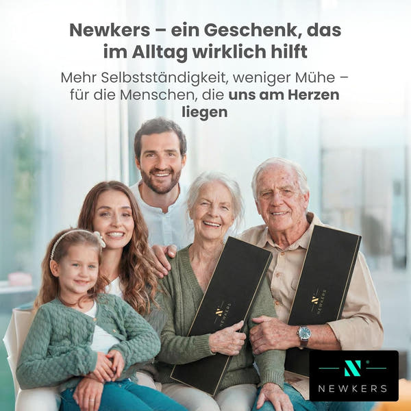 Newkers® - Greifzange für Senioren [80 cm] Faltbare Müllzange aus Aluminium mit 360° Drehkopf Magnet | Schuhlöffel lang | Schuhanzieher für Damen Herren | rutschfeste Silikongreifer (Schwarz Silber)