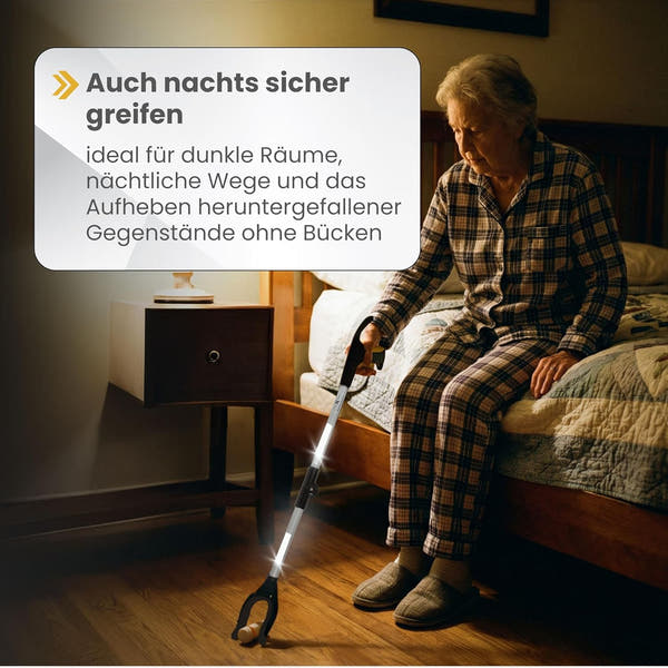 Newkers® - Greifzange für Senioren [80 cm] Faltbare Müllzange aus Aluminium mit 360° Drehkopf Magnet | Schuhlöffel lang | Schuhanzieher für Damen Herren | rutschfeste Silikongreifer (Schwarz Silber)