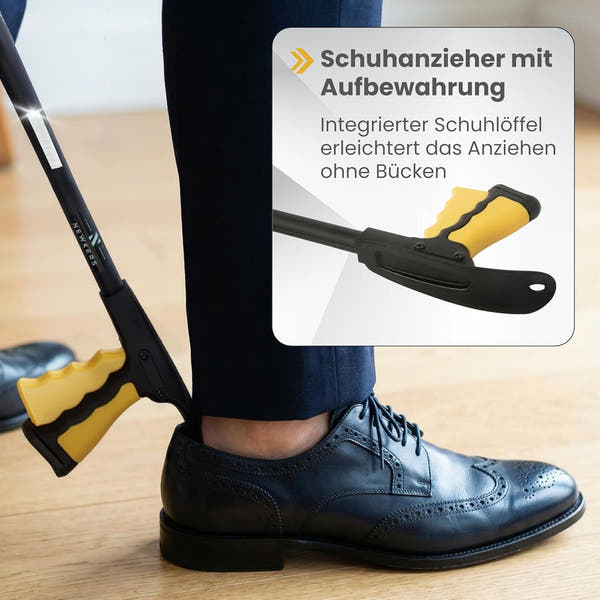 Newkers® - Greifzange für Senioren [80 cm] Faltbare Müllzange aus Aluminium mit 360° Drehkopf Magnet | Schuhlöffel lang | Schuhanzieher für Damen Herren | rutschfeste Silikongreifer (Gelb Schwarz)